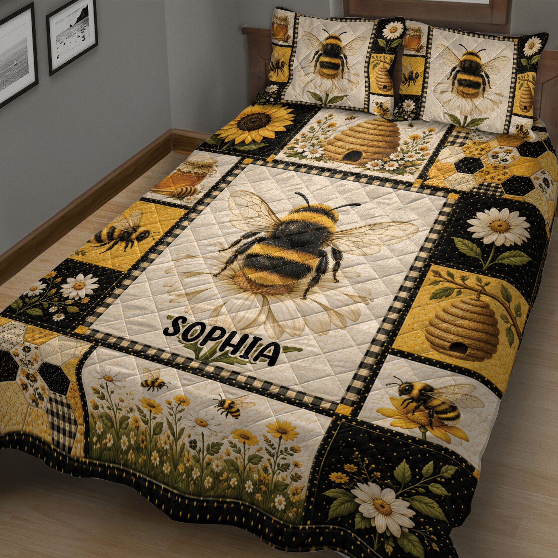 Close bedroom view of a bee quilt blanket featuring a large honeybee, flowers, honey jars, and beehives