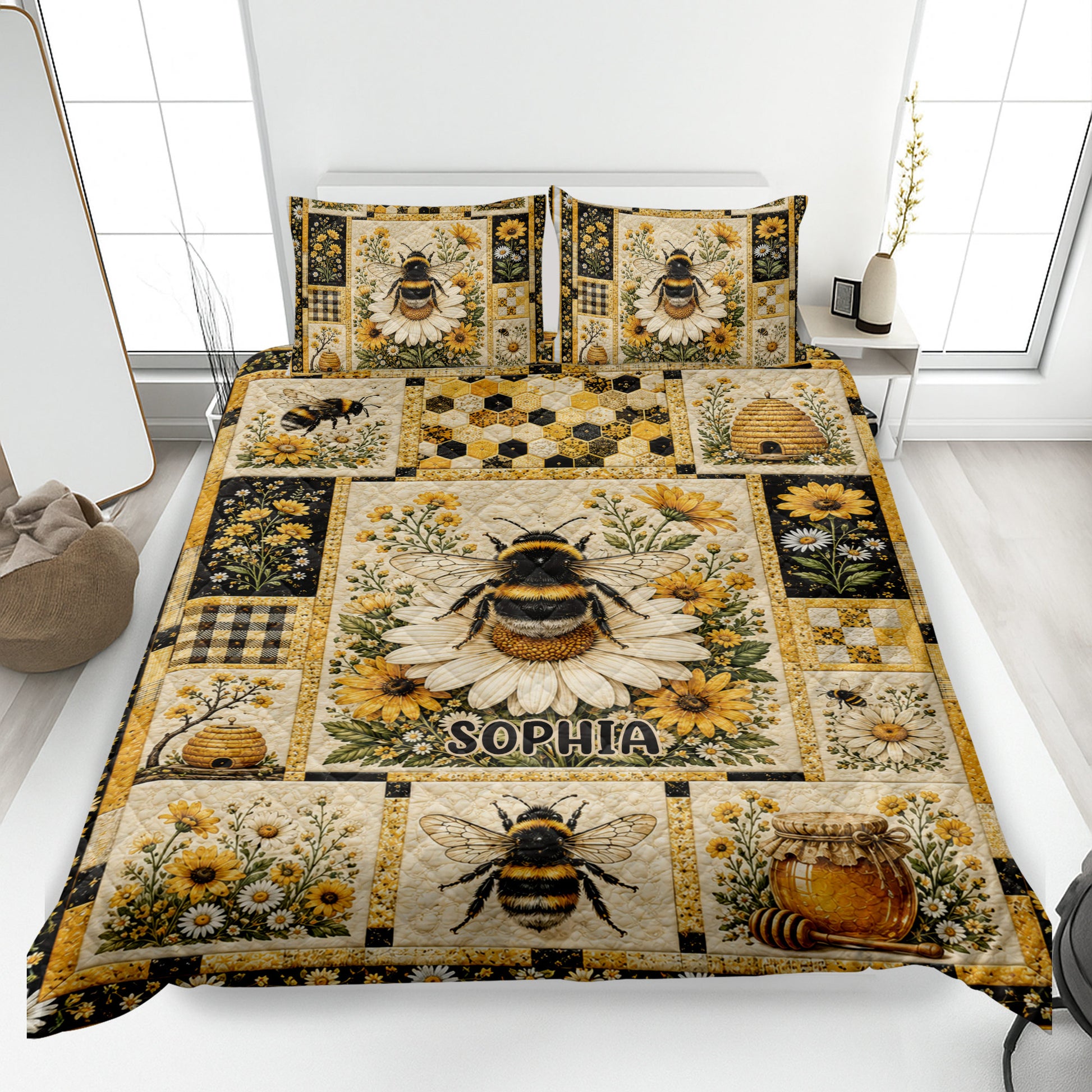 Bee quilt blanket spread on a bed with flowers, honeycomb details, beehives, and a custom center design