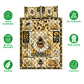 Bee quilt bedding set displayed with floral panels, honeycomb artwork, beehives, and soft breathable features