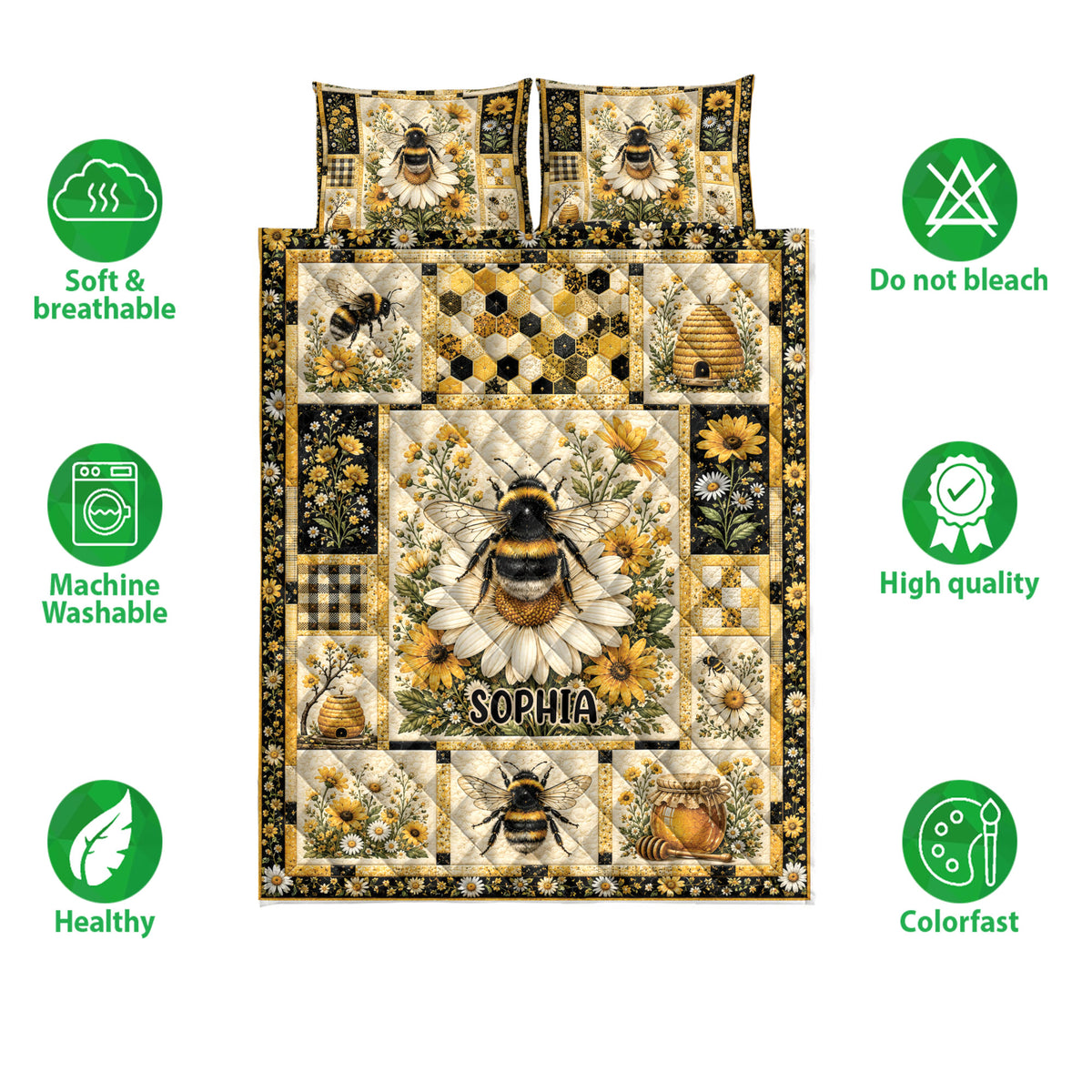 Bee quilt bedding set displayed with floral panels, honeycomb artwork, beehives, and soft breathable features