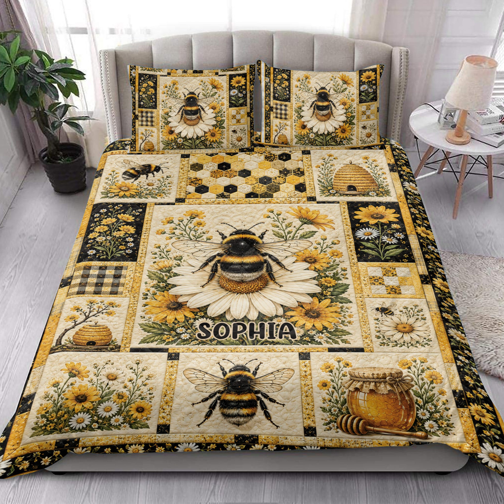 Bee quilt blanket styled in a bright bedroom with floral panels, honey jars, beehives, and honeybees
