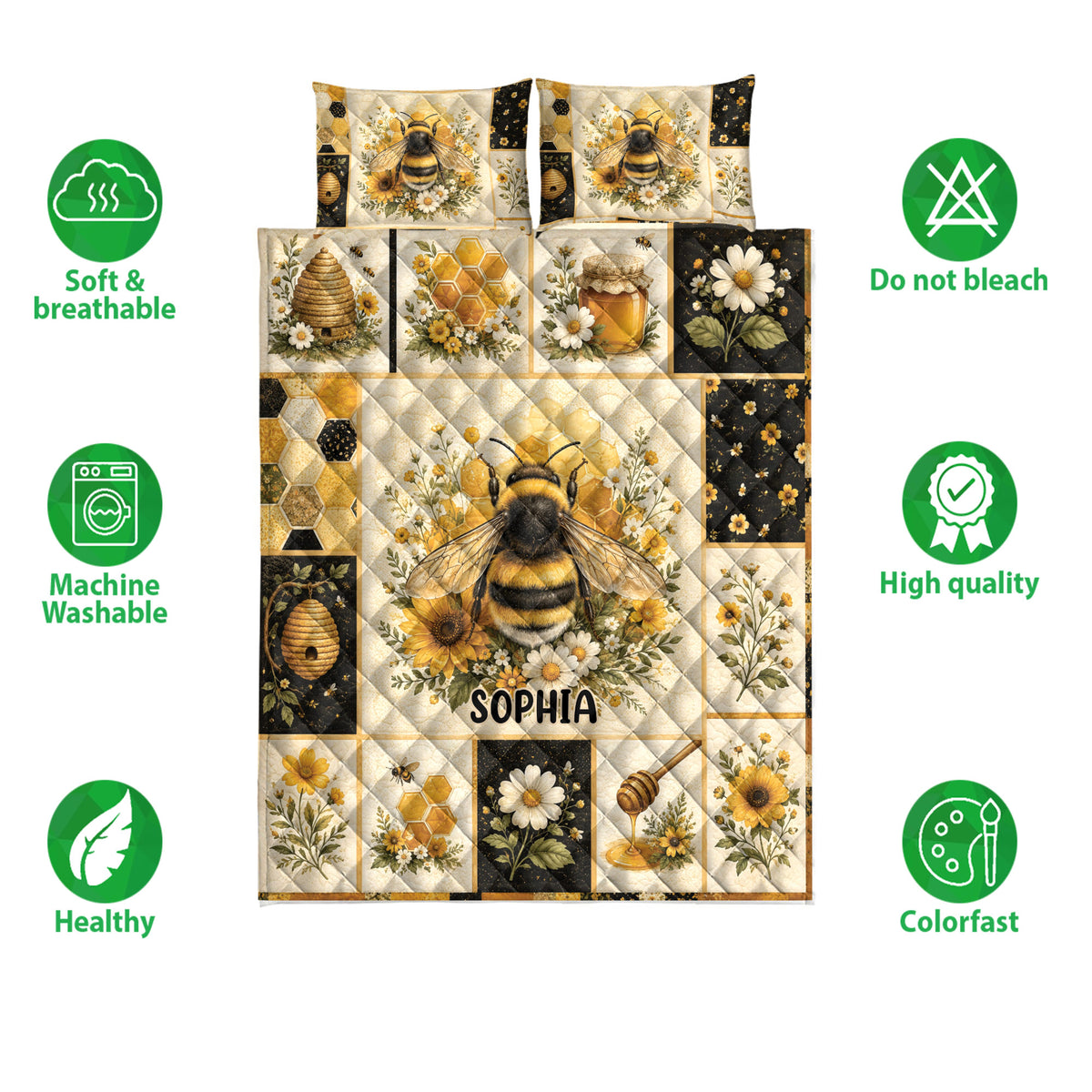 Bee quilt bedding set shown flat with honeycomb panels, sunflowers, daisies, and beehive artwork