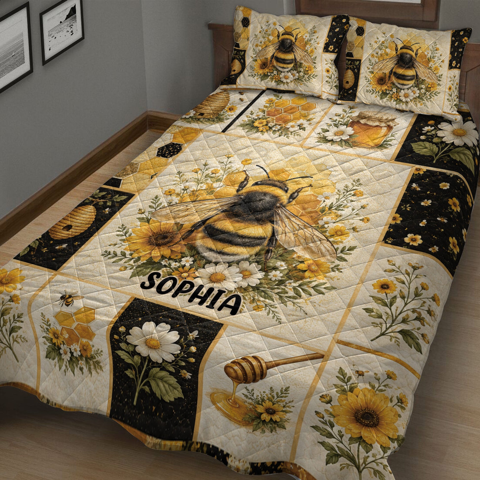 Bee quilt bedding set shown in a cozy bedroom with bumblebee, sunflower, daisy, and honey motifs