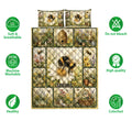 Bee floral quilt bedding set shown with garden artwork and product feature icons around the quilt