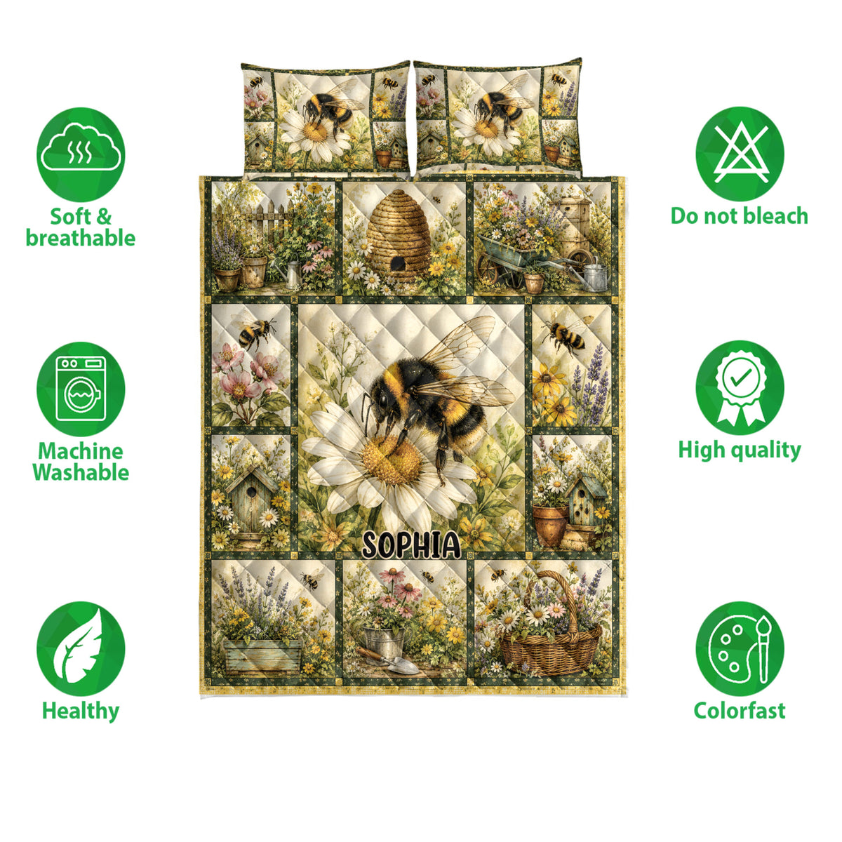 Bee floral quilt bedding set shown with garden artwork and product feature icons around the quilt