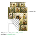 Bee quilt showing its printed floral garden side and white diamond-stitched backing