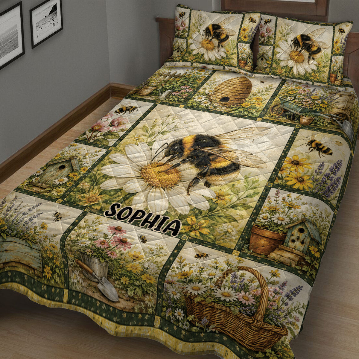 Bee quilt bedding set in a bedroom featuring a large bumblebee, flowers, beehive, and garden basket scenes
