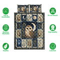 Owl quilt bedding set shown with matching printed pillowcase options and soft, breathable product feature icons