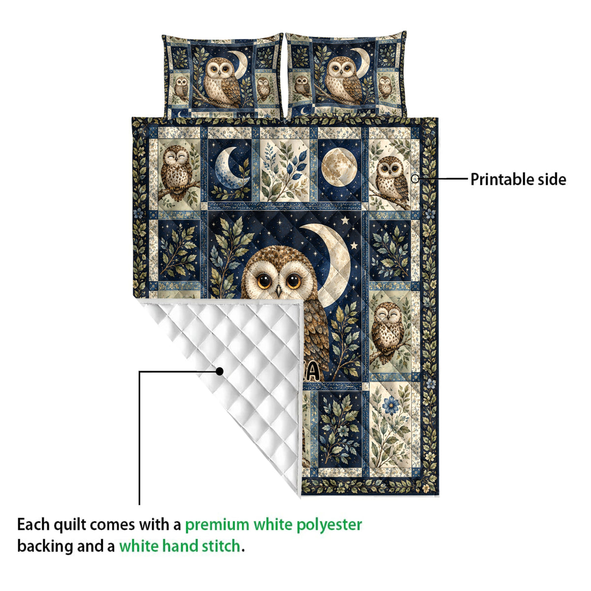 Owl quilt blanket displayed with its printed front and white diamond-quilted backing visible