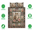 Owl quilt bedding set shown with floral patchwork artwork and soft, breathable, machine-washable feature icons