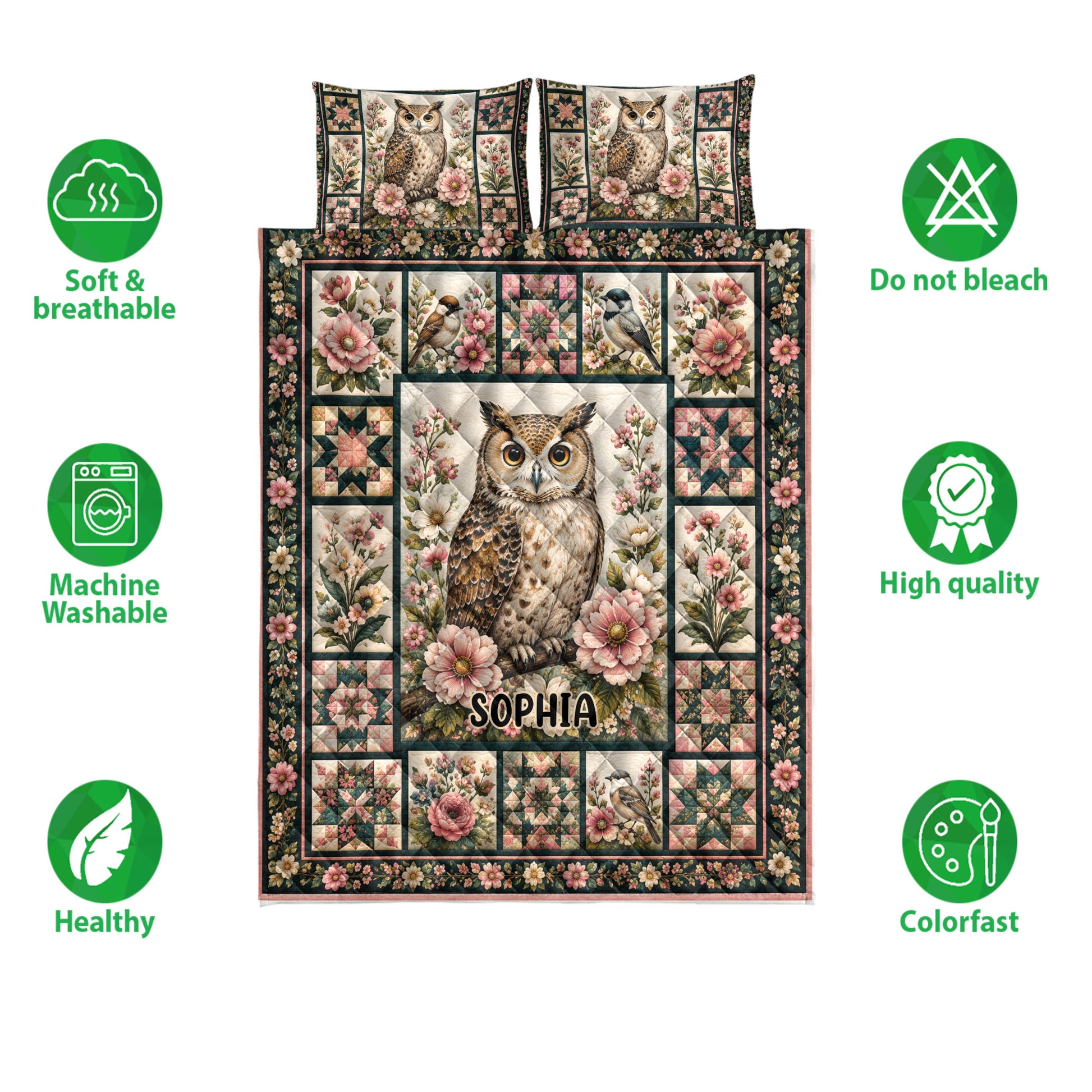 Owl quilt bedding set shown with floral patchwork artwork and soft, breathable, machine-washable feature icons