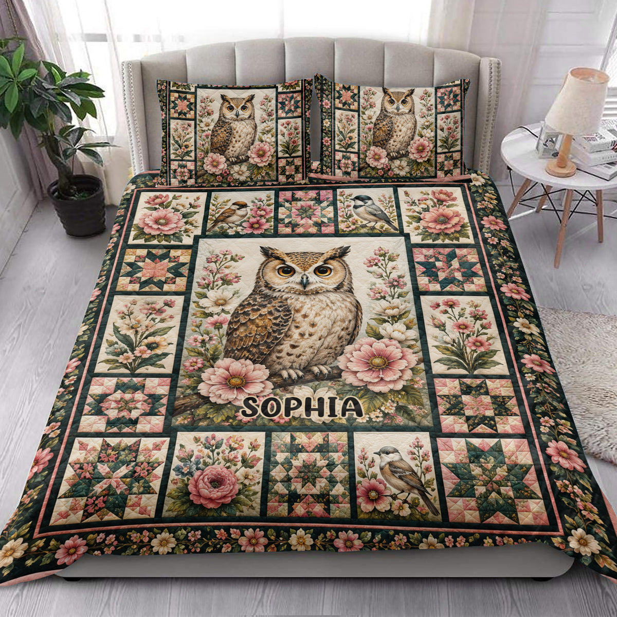 Owl quilt bedding set styled in a bright bedroom with floral patchwork, birds, and a large central owl