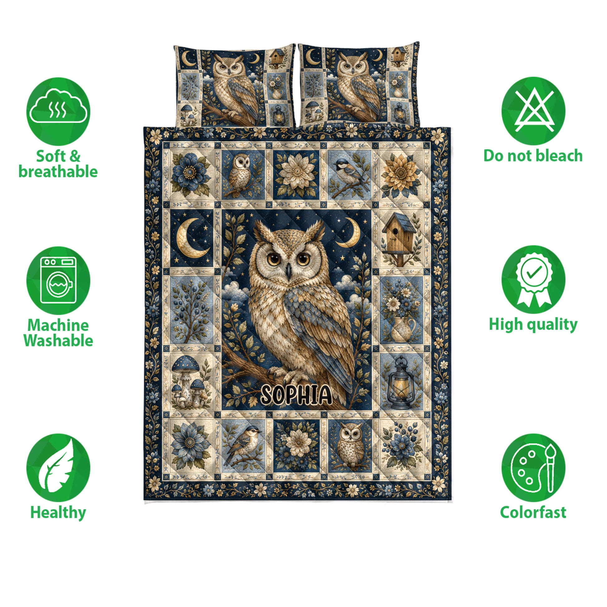 Owl quilt bedding set shown with coordinating owl artwork and soft breathable, washable, colorfast feature icons