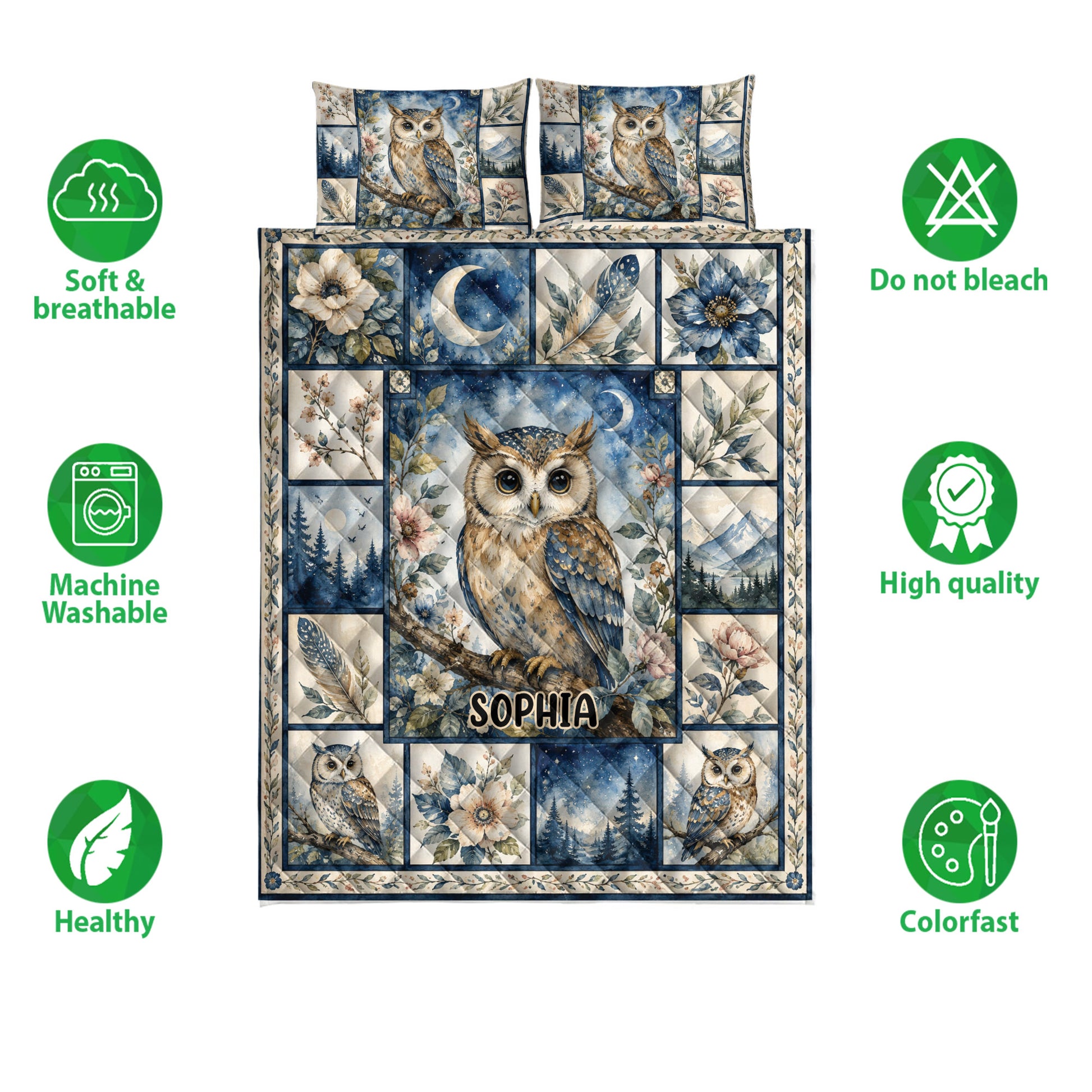 Owl quilt bedding set shown with floral and moonlit artwork alongside soft, breathable, colorful features