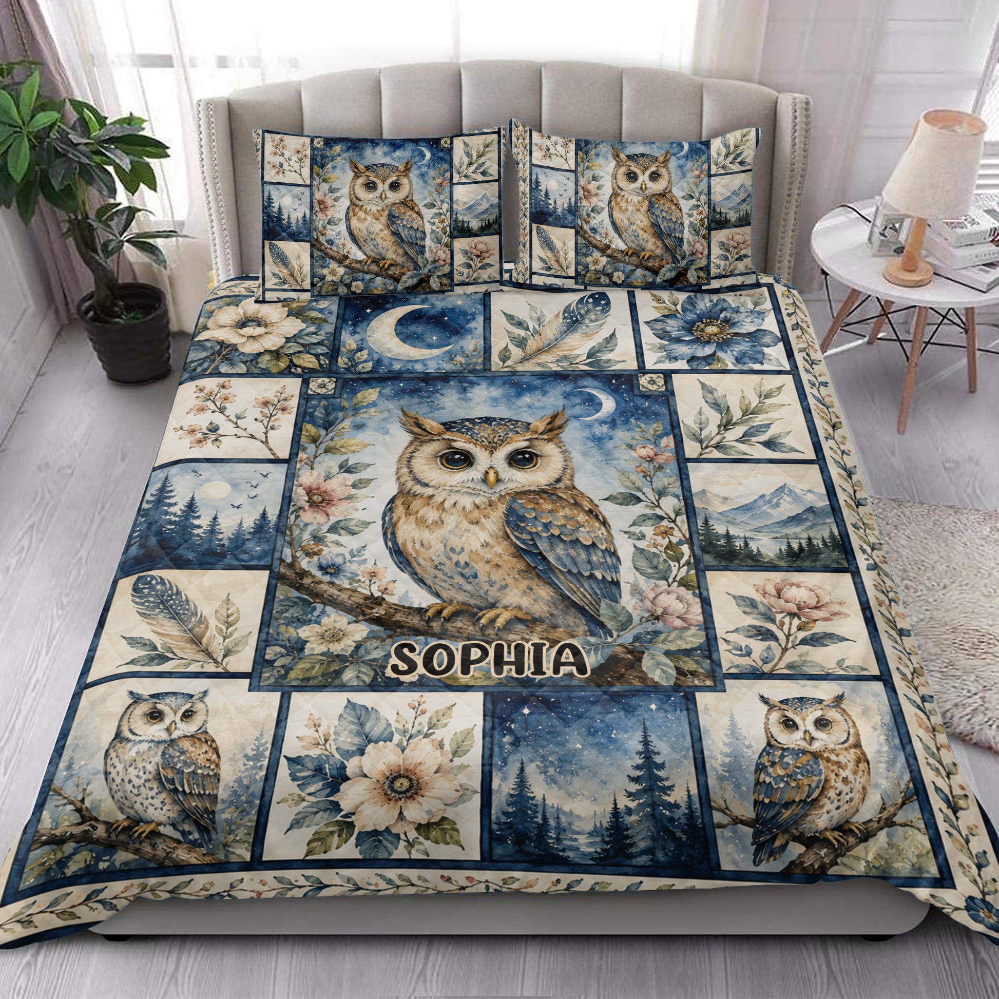 Owl quilt bedding styled in a bright bedroom with floral, mountain, moon, and forest panels