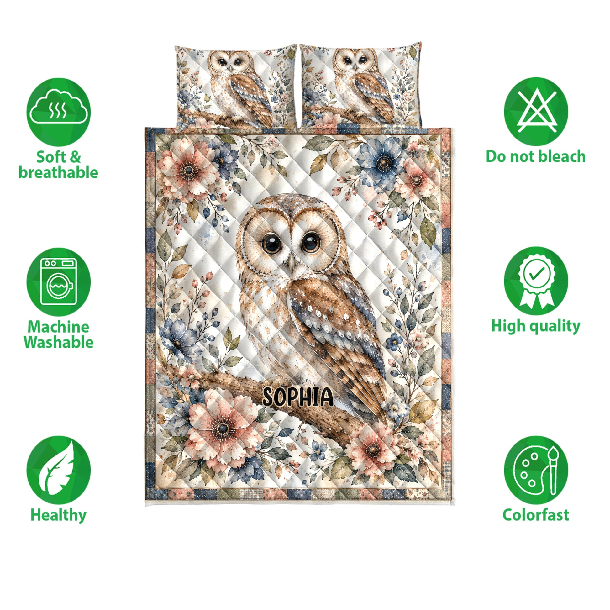 Owl quilt bedding set displayed flat with floral artwork and matching owl pillow designs