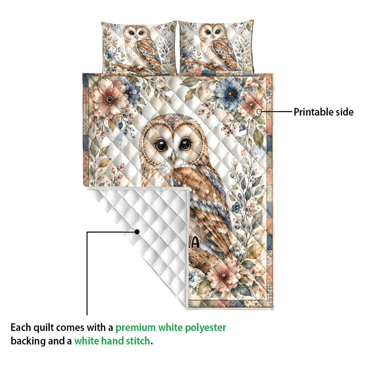 Owl quilt showing the printed floral front and white diamond-stitched backing