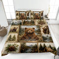 Bear quilt blanket spread on a bed with cubs, mountain scenery, pine trees, a cabin, and camping artwork