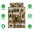 Bear quilt bedding set displayed with cub, forest, mountain, cabin, and pinecone artwork