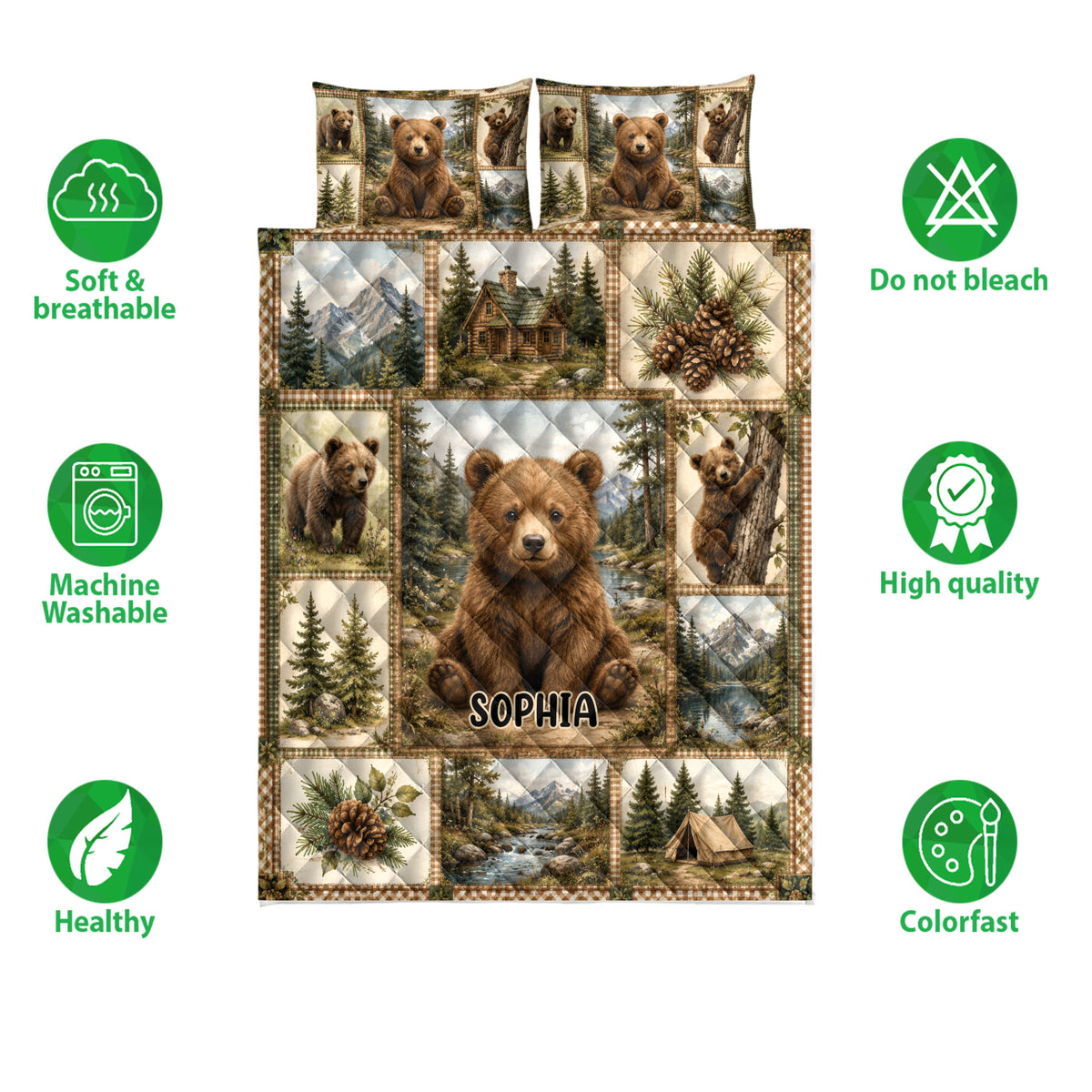 Bear quilt bedding set displayed with cub, forest, mountain, cabin, and pinecone artwork