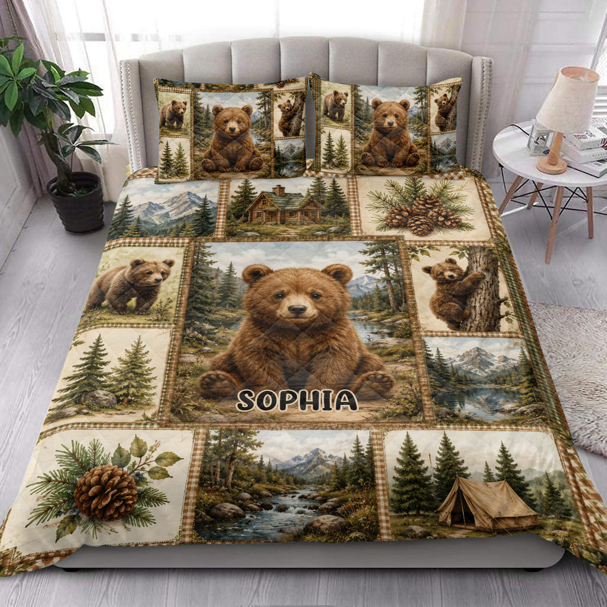 Bear quilt bedding set styled on a bedroom bed with rustic woodland and cabin artwork