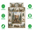 Bear quilt bedding set shown with woodland artwork and visual care and quality feature icons