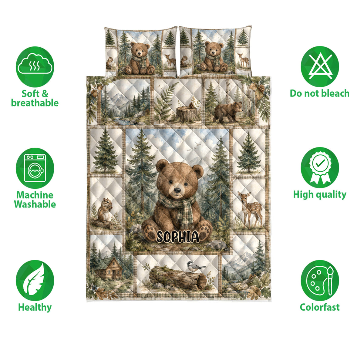 Bear quilt bedding set shown with woodland artwork and visual care and quality feature icons