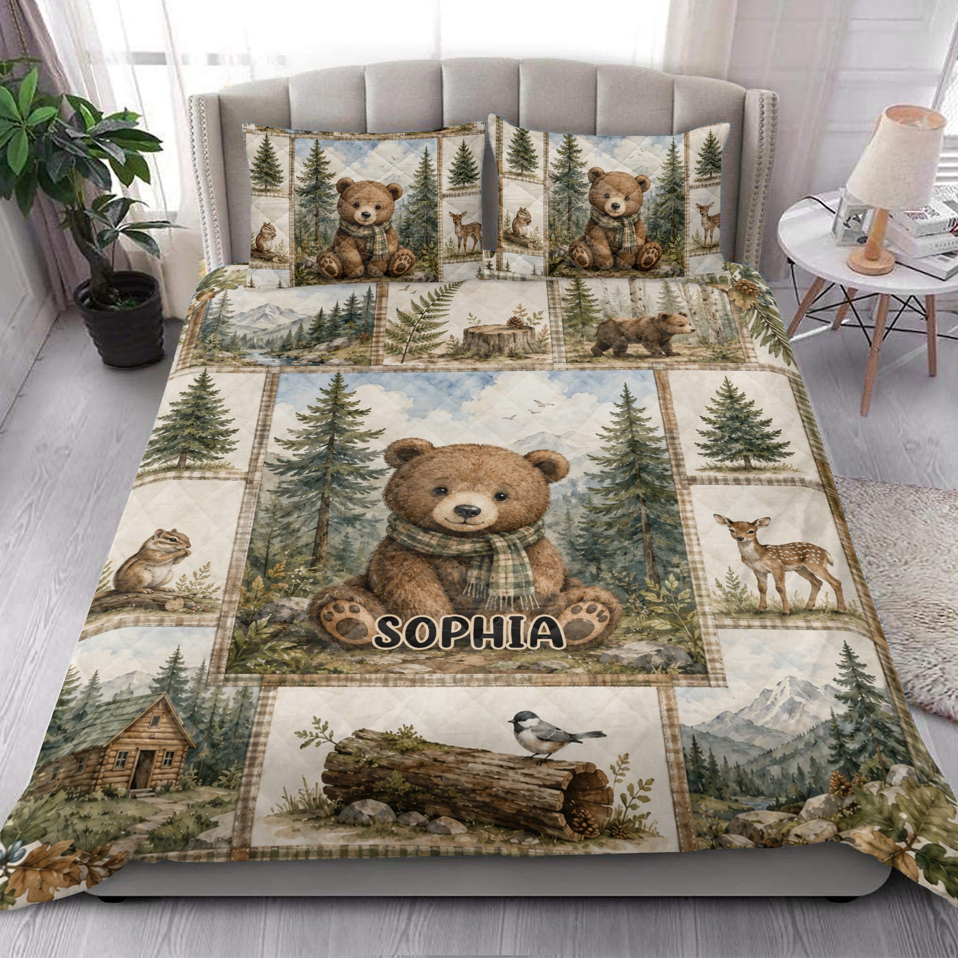 Bear quilt bedding set styled in a bright bedroom with forest animals, mountains, and pine trees