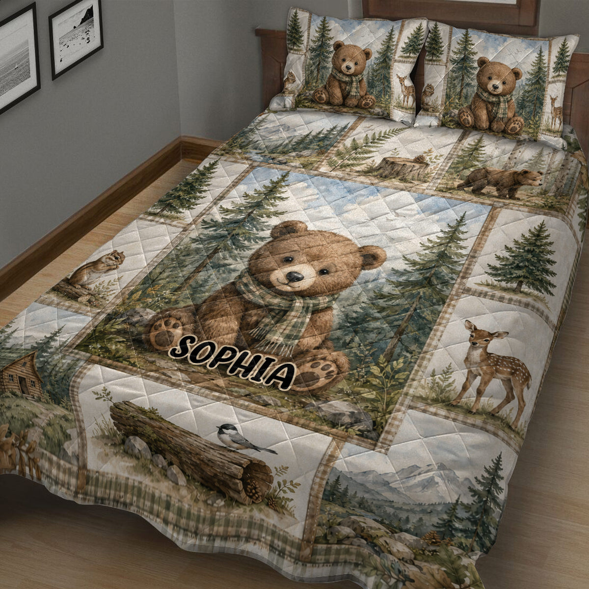 Rustic bear quilt blanket displayed on a bed with woodland scenery, wildlife, and forest cabin artwork