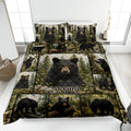 Bear quilt blanket displayed on a bed with black bear forest artwork and matching bear-themed pillows