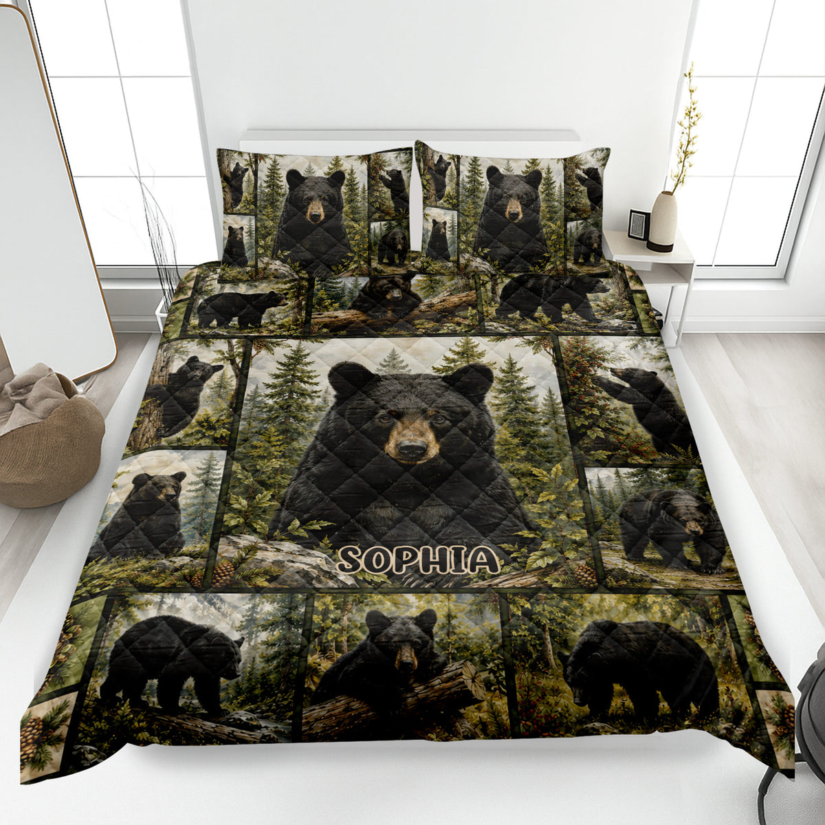 Bear quilt blanket displayed on a bed with black bear forest artwork and matching bear-themed pillows