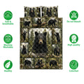 Bear quilt blanket shown with black bear woodland artwork and soft, breathable bedding feature icons