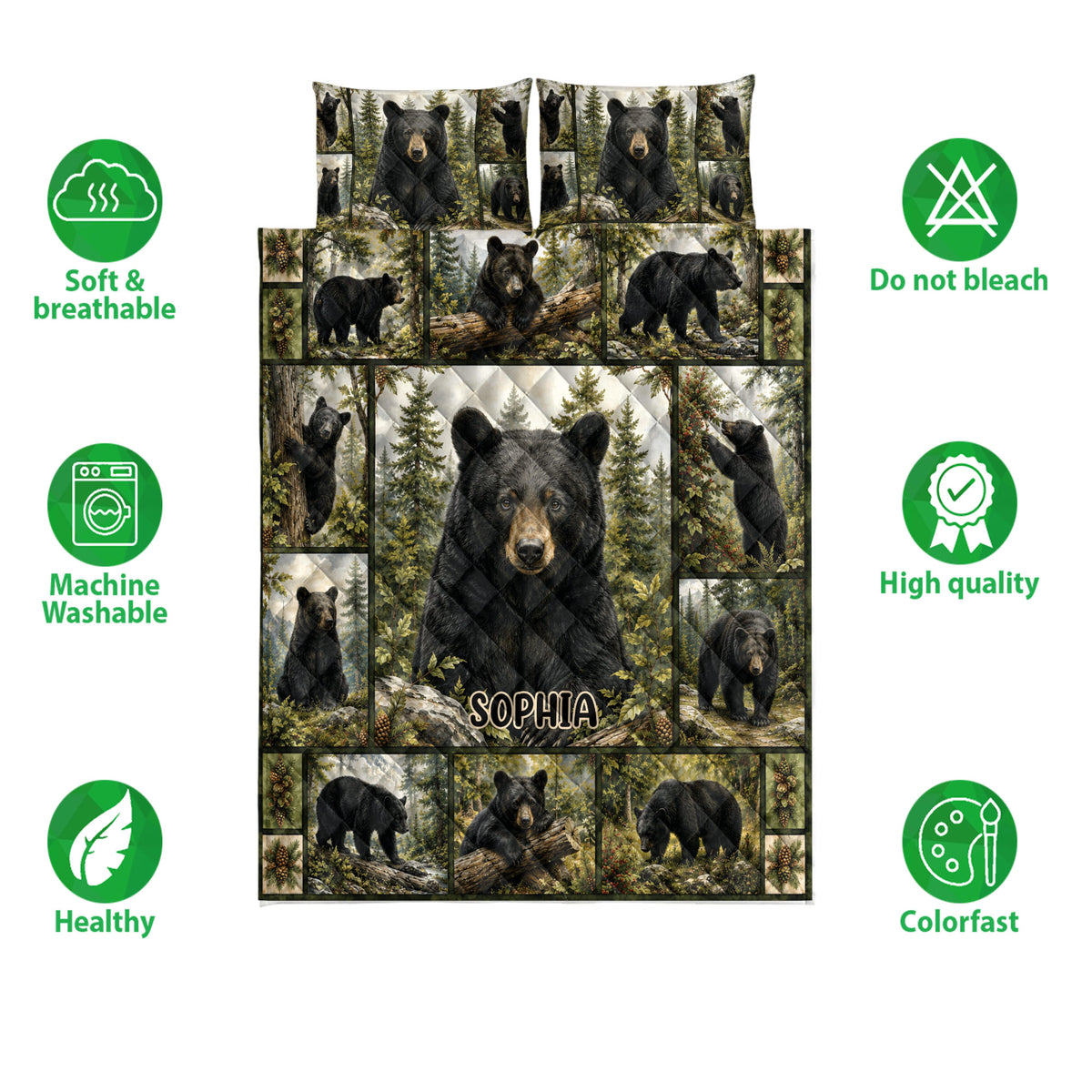 Bear quilt blanket shown with black bear woodland artwork and soft, breathable bedding feature icons
