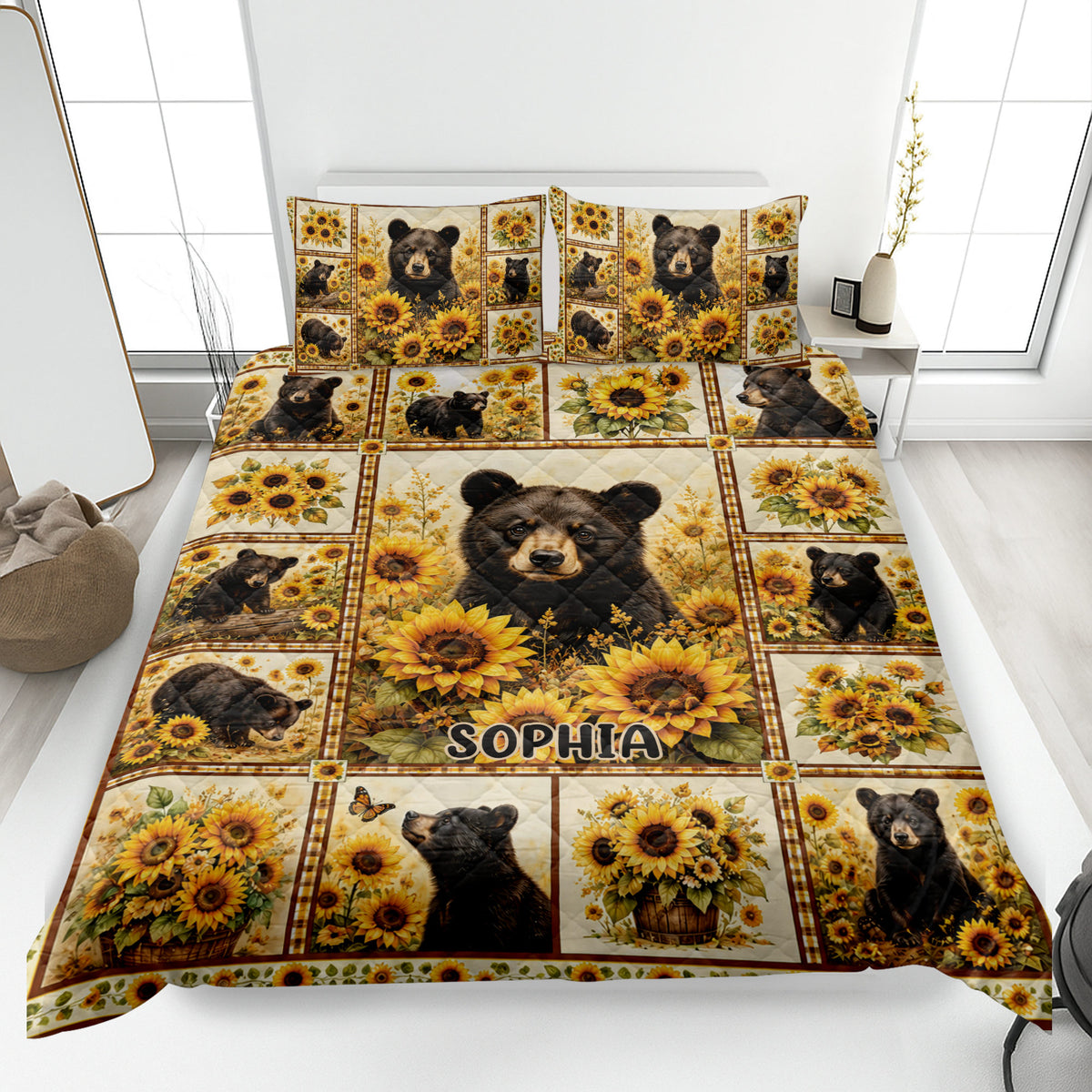 Bear quilt bedding set displayed on a bed with sunflower artwork and bear scenes in warm rustic colors