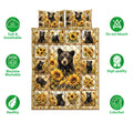 Bear and sunflower quilt bedding set shown with soft breathable and care feature icons