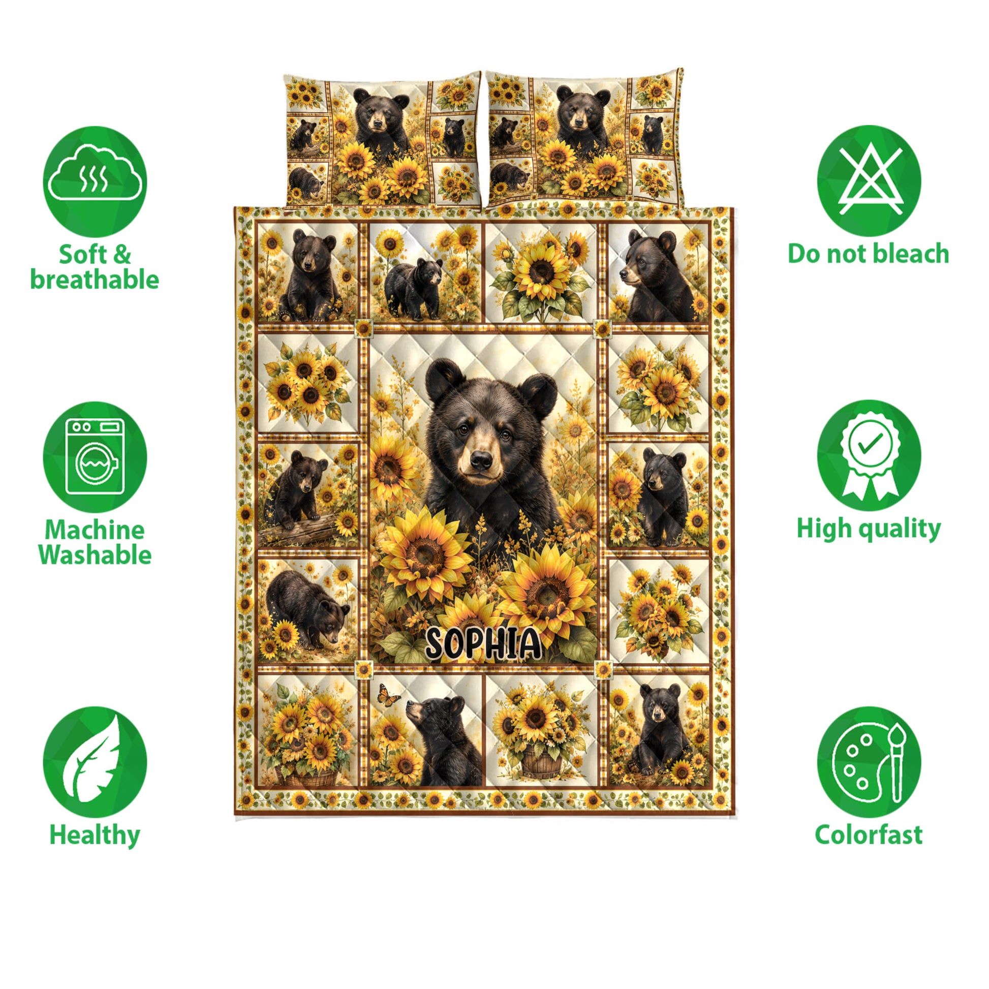 Bear and sunflower quilt bedding set shown with soft breathable and care feature icons