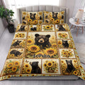 Bear and sunflower quilt bedding set styled in a bright bedroom with coordinating bear artwork