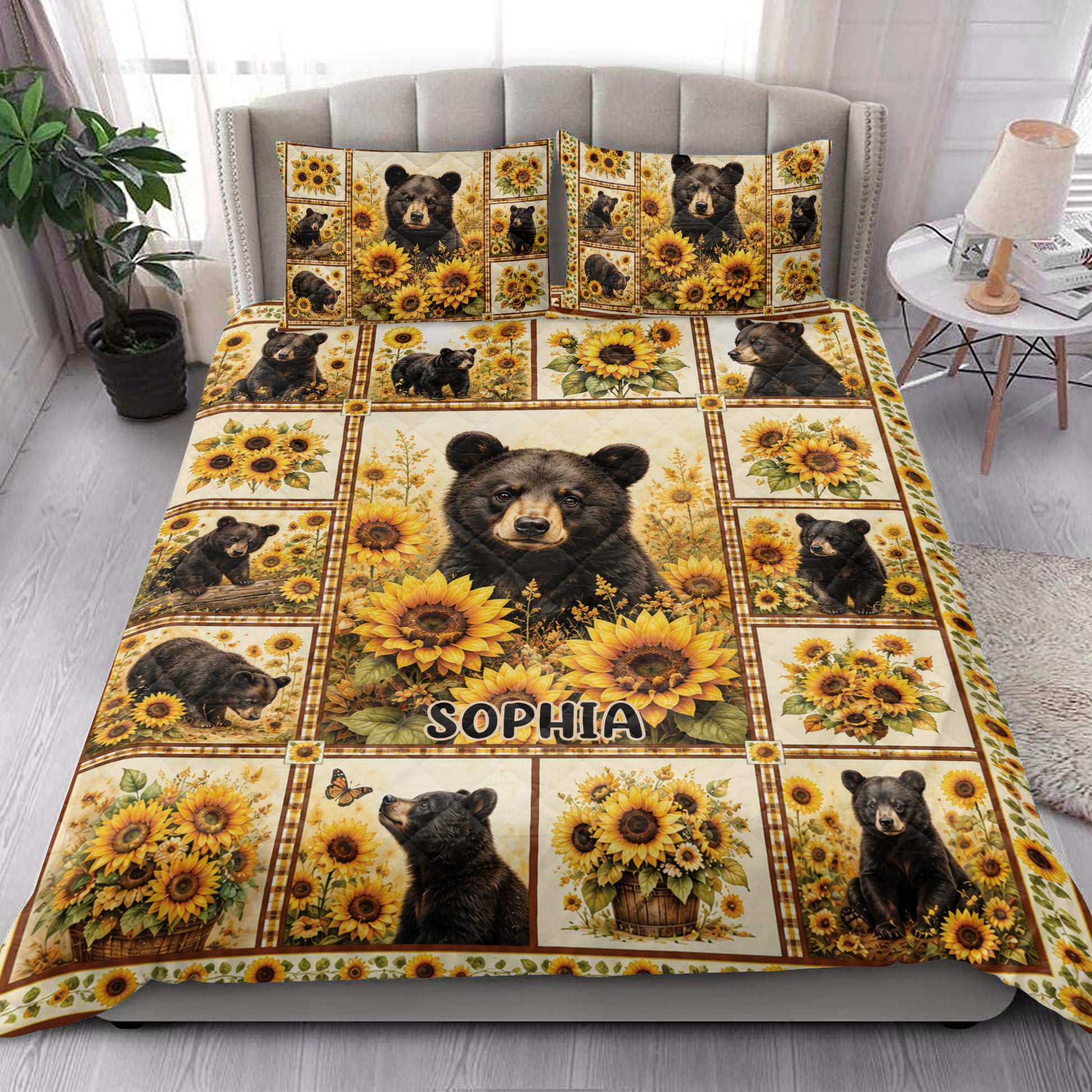 Bear and sunflower quilt bedding set styled in a bright bedroom with coordinating bear artwork