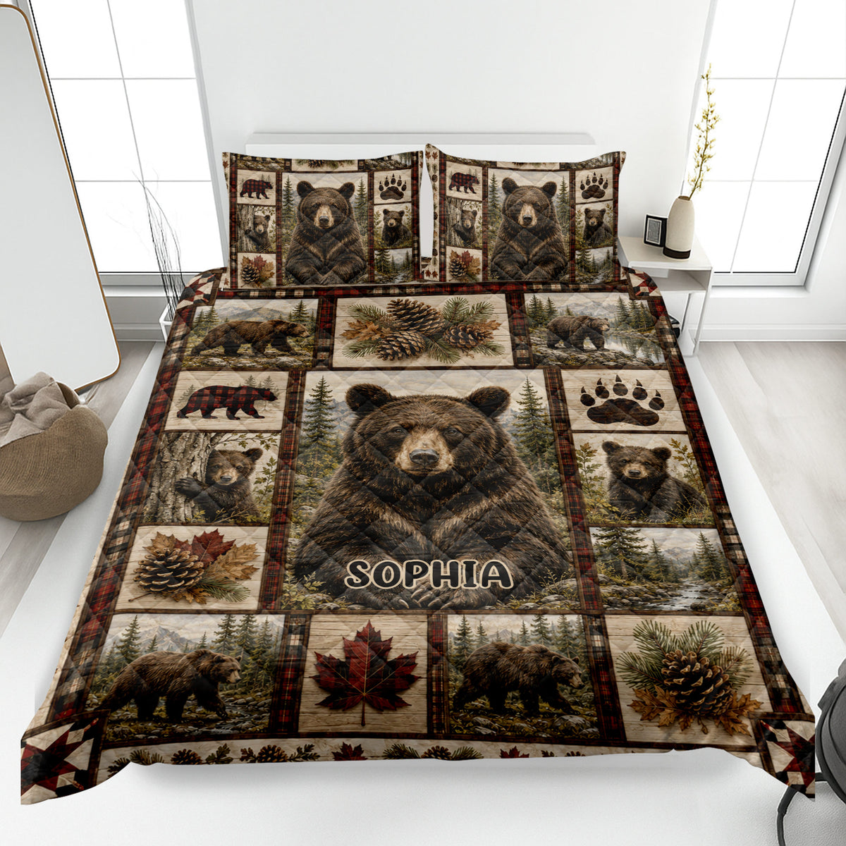 Bear quilt bedding set displayed on a bed with woodland scenes, pinecones, paw prints, and bear artwork