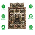 Bear quilt blanket shown with woodland wildlife panels and icons highlighting softness, washability, and color