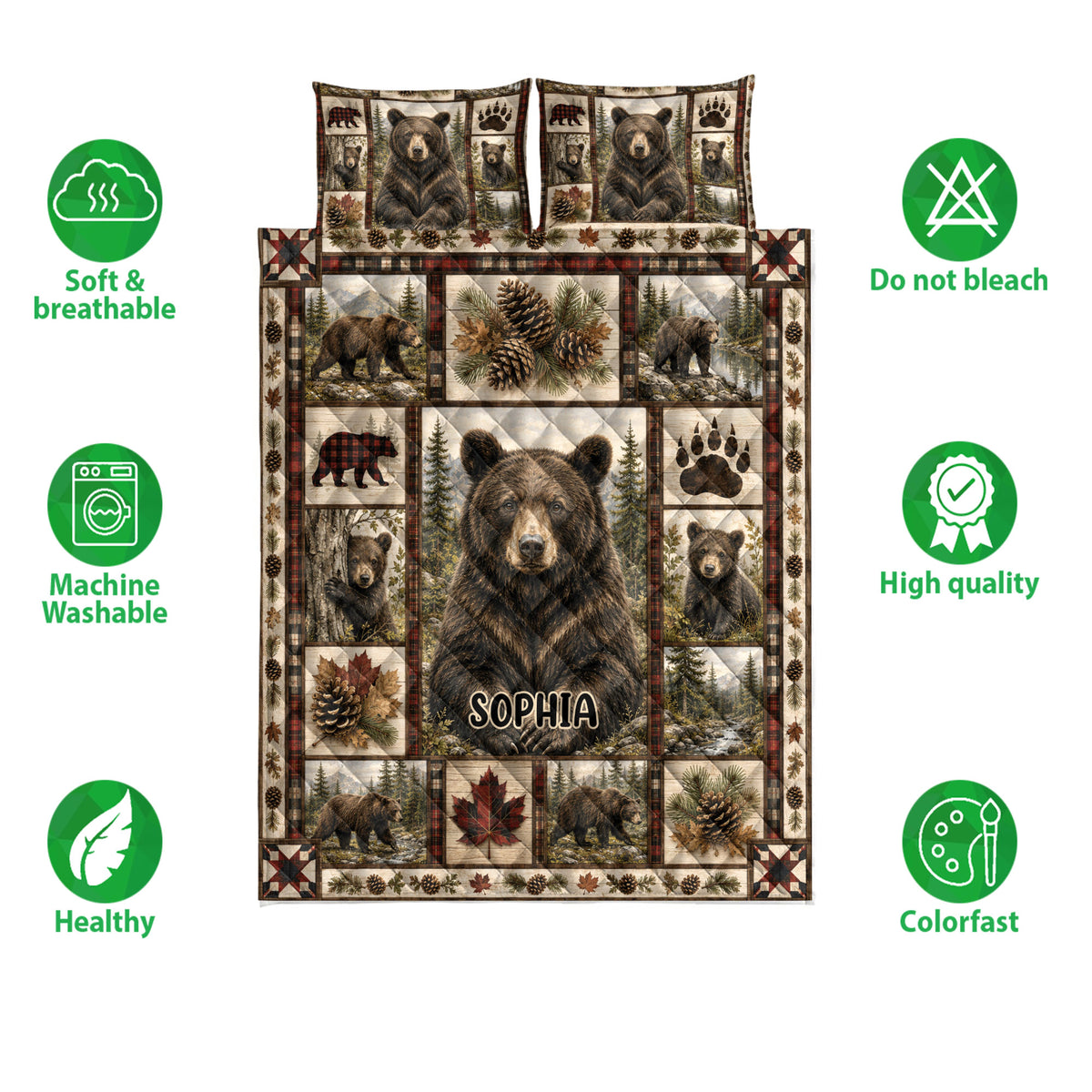 Bear quilt blanket shown with woodland wildlife panels and icons highlighting softness, washability, and color