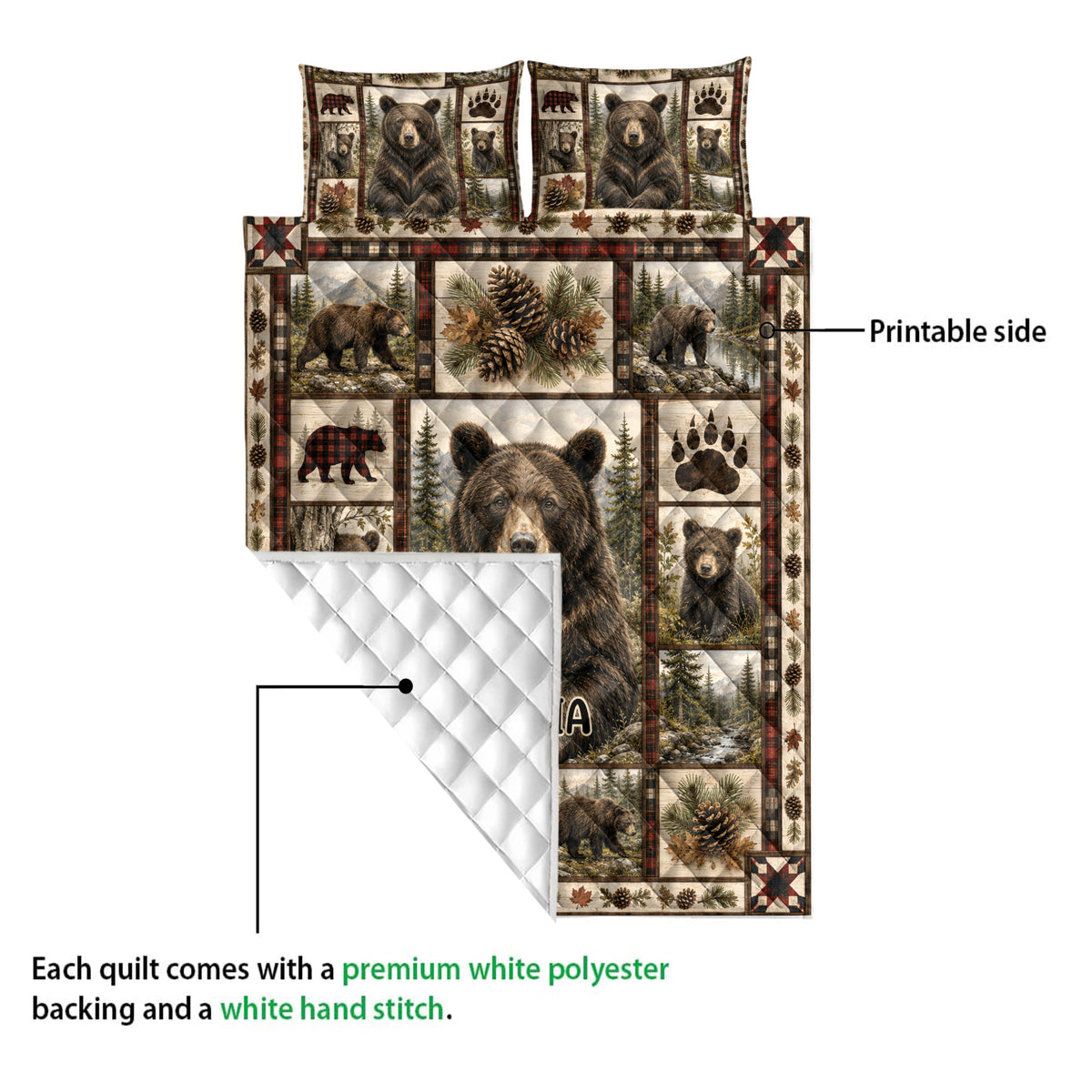 Bear quilt showing the printed woodland front, white quilted backing, and stitched construction details