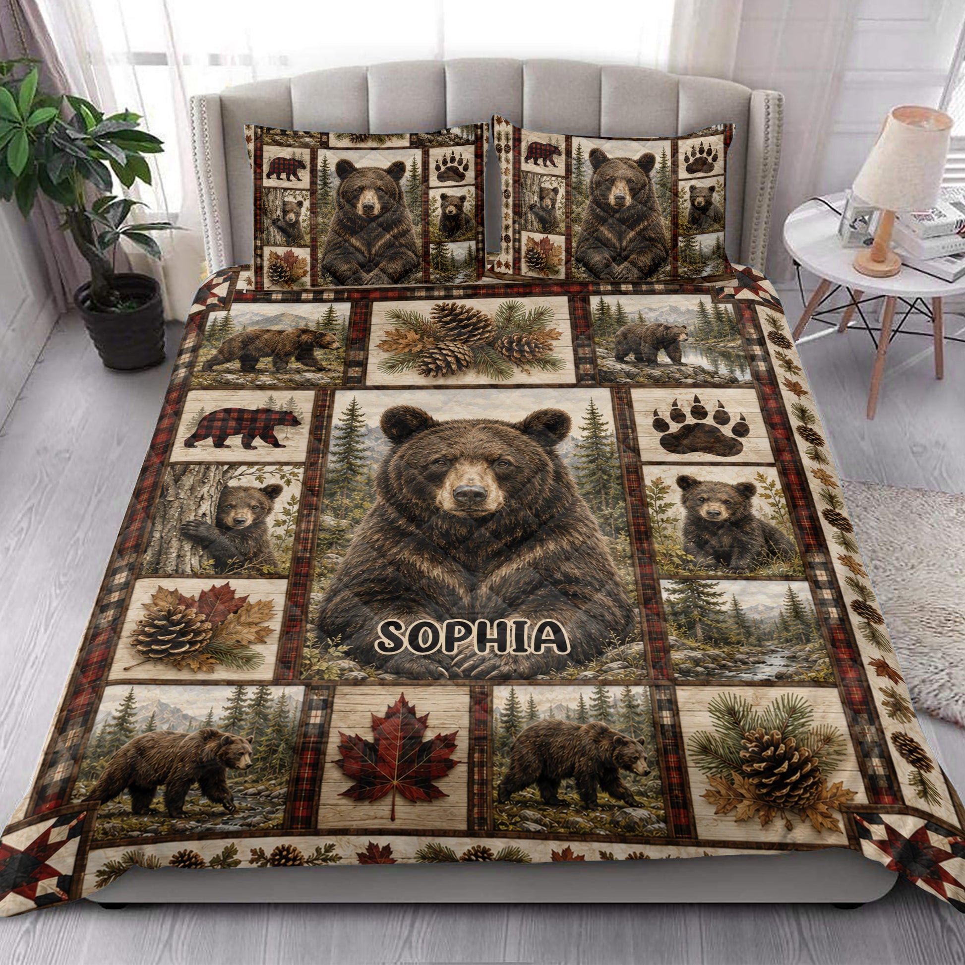 Bear quilt bedding set styled in a bright bedroom with forest, pinecone, paw print, and bear artwork