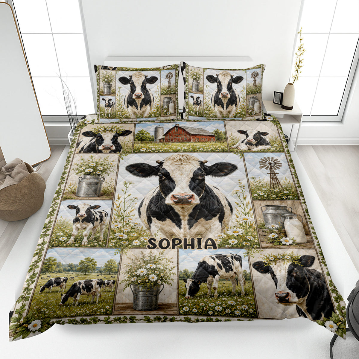 Dairy cow quilt blanket displayed on a bed with farmhouse scenes, wildflowers, barns, milk cans, and windmills