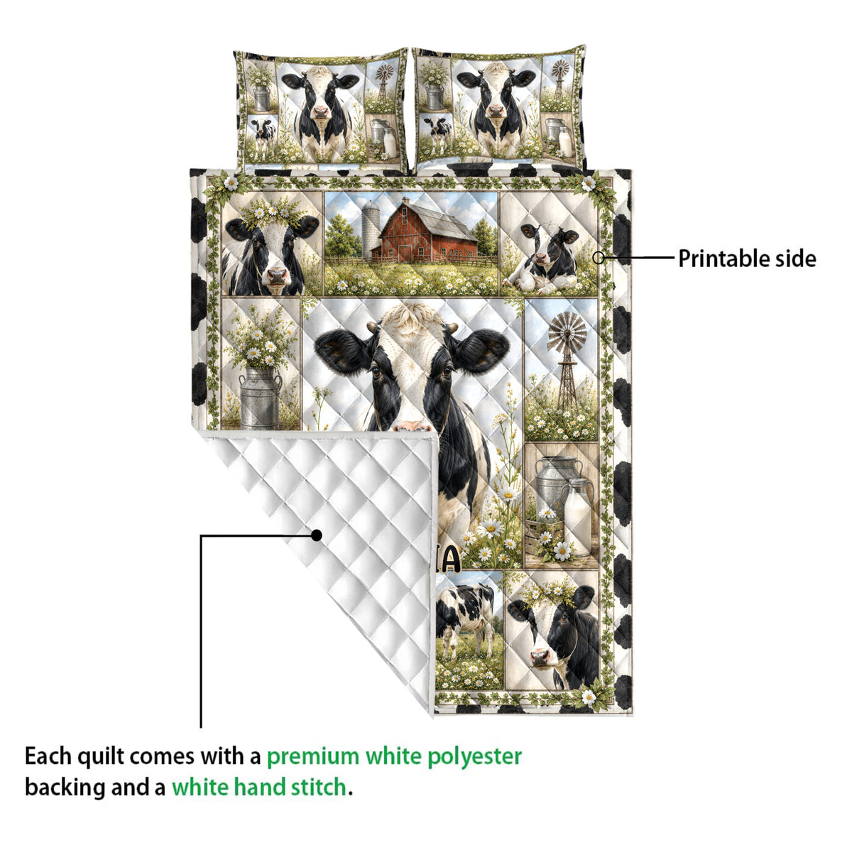 Dairy cow quilt blanket showing the printed front and soft diamond-stitched white backing