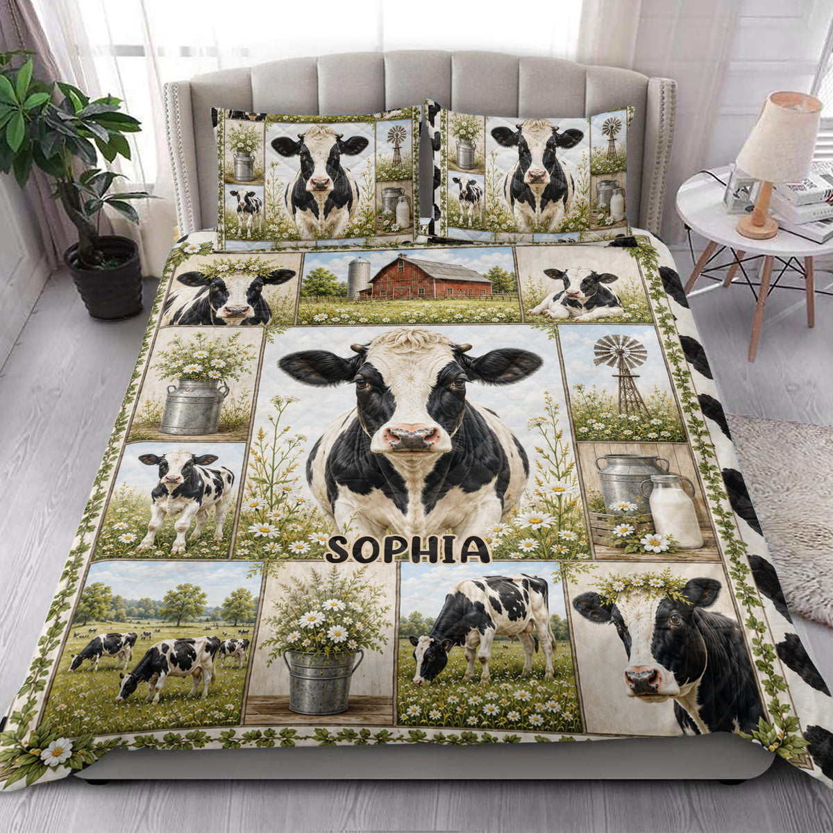 Dairy cow quilt blanket styled in a bright bedroom with farmhouse barn scenes and wildflower artwork