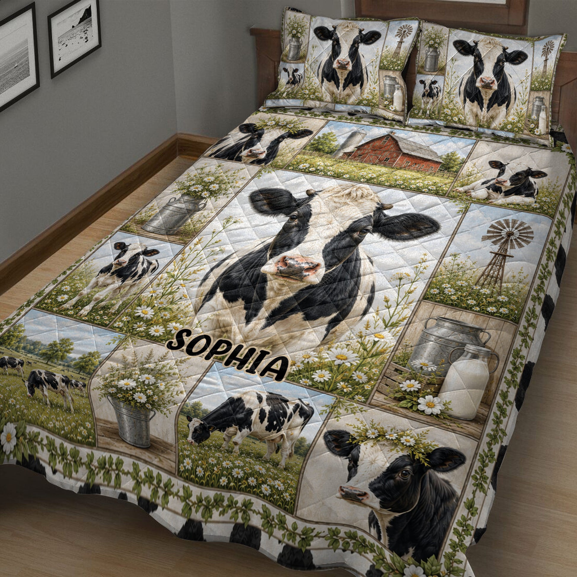 Close view of dairy cow quilt bedding with pastoral fields, daisies, a red barn, milk cans, and windmills
