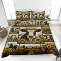 Dairy cow quilt blanket displayed on a bed with sunflowers, farmhouse scenes, and rustic country artwork