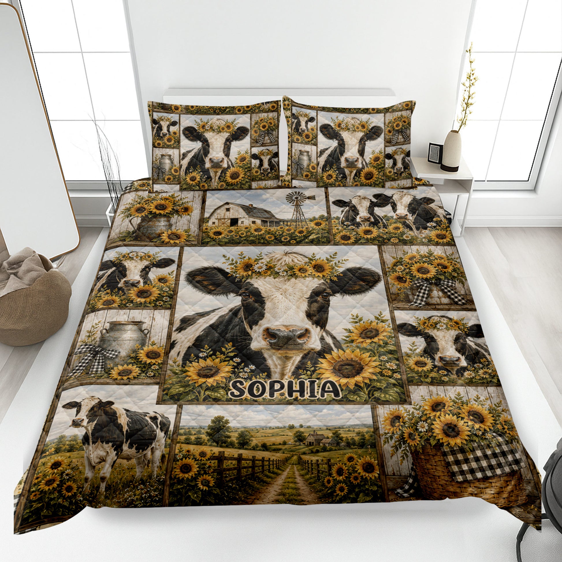 Dairy cow quilt blanket displayed on a bed with sunflowers, farmhouse scenes, and rustic country artwork