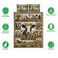 Dairy cow quilt bedding set shown with sunflower artwork and visual feature icons